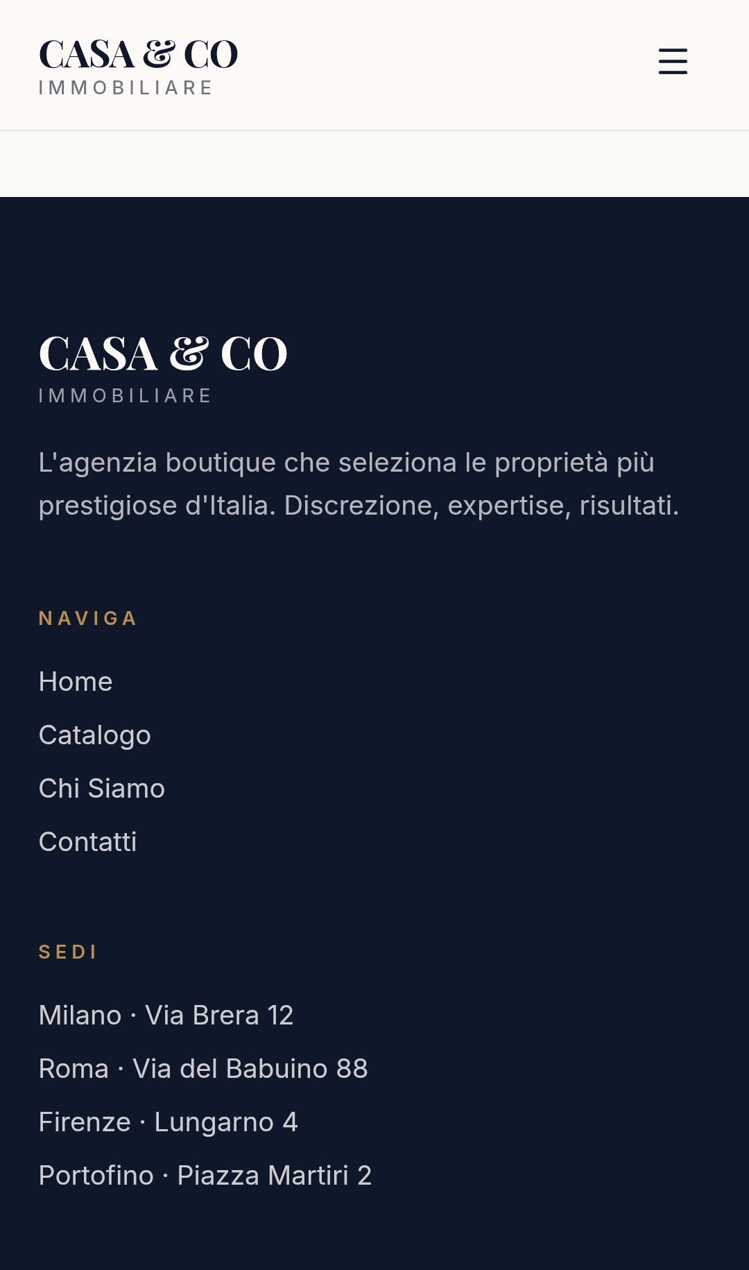 Casa & Co Immobiliare — Footer con sedi e navigazione