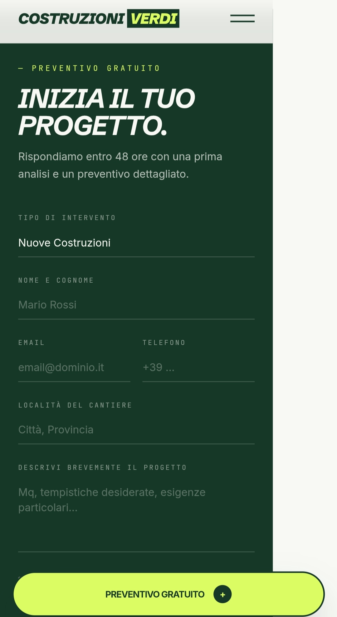 Costruzioni Verdi — Form preventivo guidato