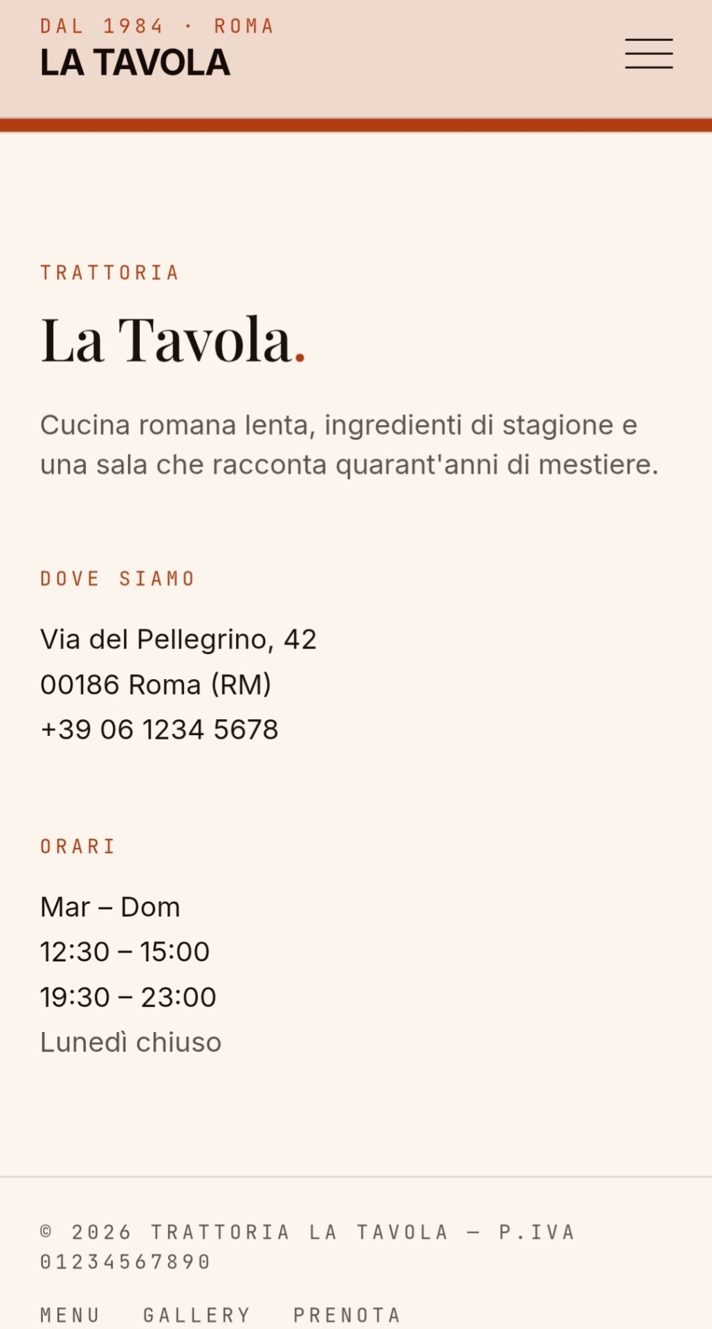 Trattoria La Tavola — Contatti & footer