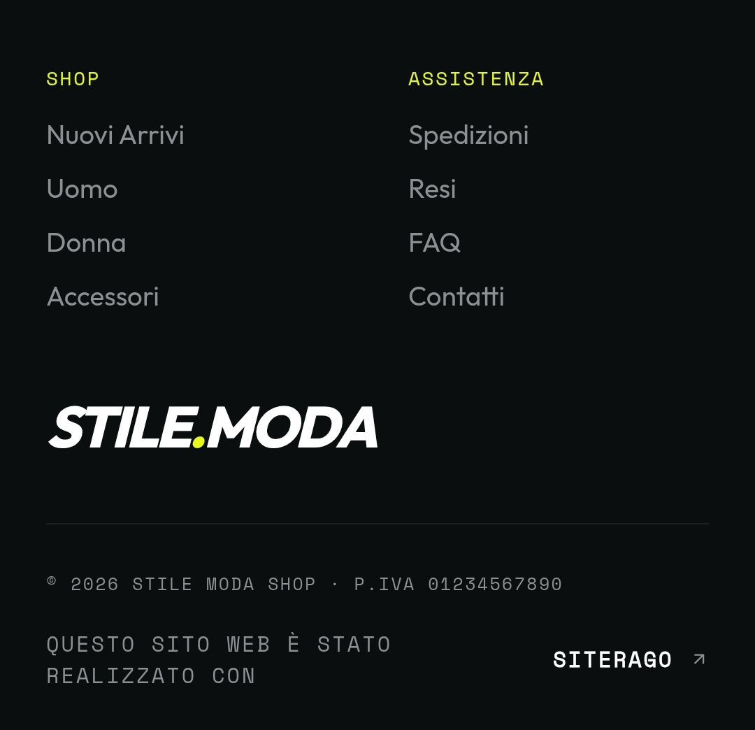 Stile Moda Shop — Footer brand & navigazione