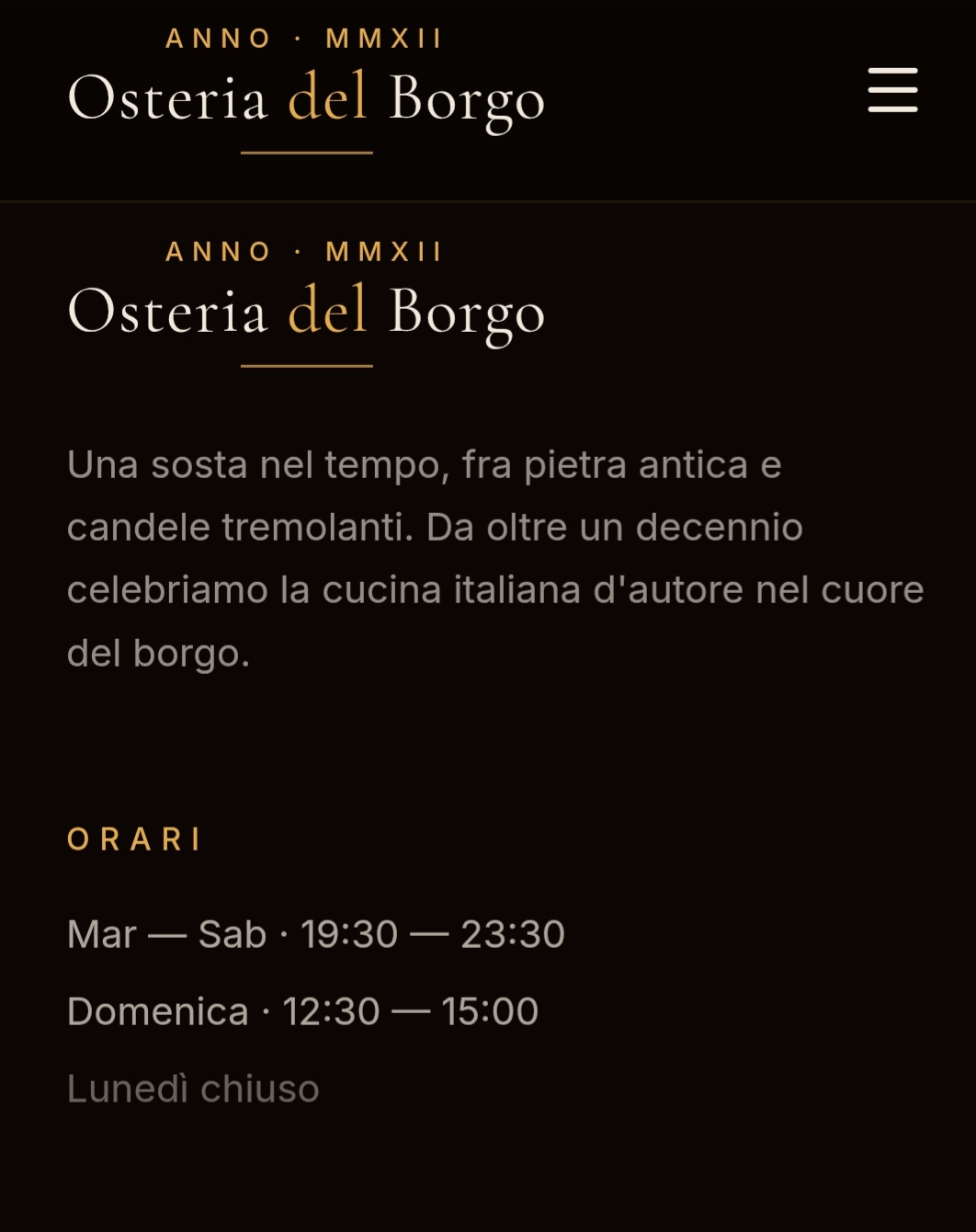 Osteria del Borgo — Footer — Brand, orari & contatti